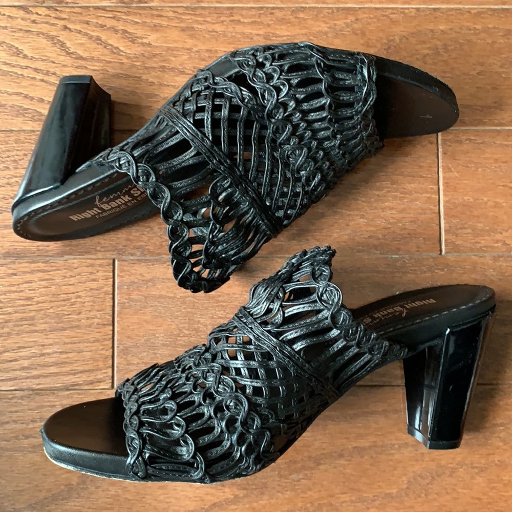 Right Bank Shoe Co. Black Woven Leather Heeled Mule Y2K Spain Size 8.5